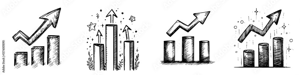Poster hand-drawn illustrations of upward trends in data with graphs and arrows showcasing growth and progr