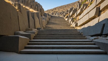 Monumental Staircase Ascending Through Massive Stone Blocks Towards the Horizon, A Journey of Ascent and Geological Wonder.