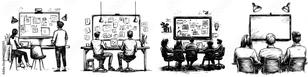Aufkleber team brainstorming session in a modern workspace with interactive whiteboards and laptops during the