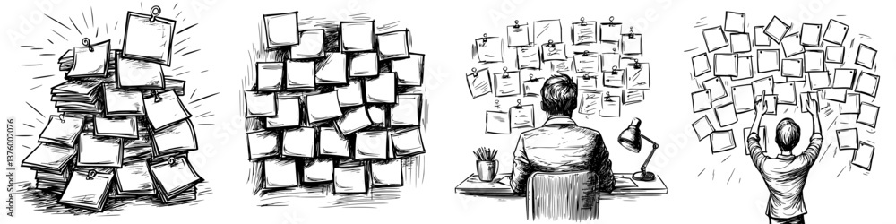 Poster creative process unfolds with sticky notes cluttered on a wall in a workspace showing brainstorming 