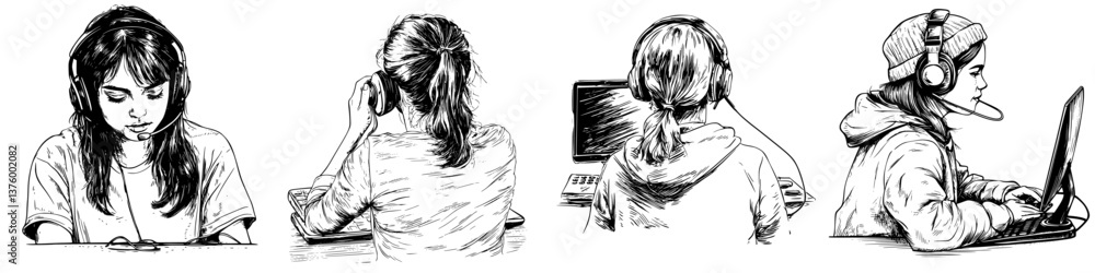 Poster girls engaged in different activities while wearing headsets and using computers in a modern workspa
