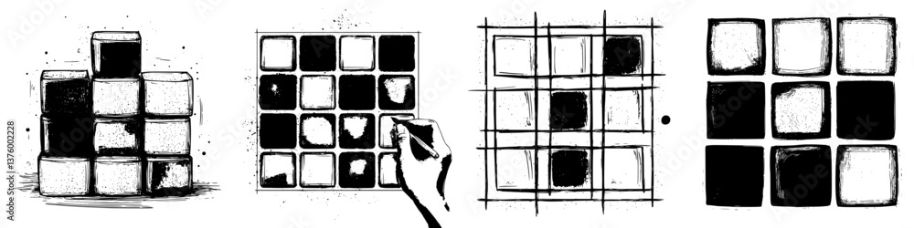 Poster exploration of geometric shapes in abstract art through block structures and grid patterns