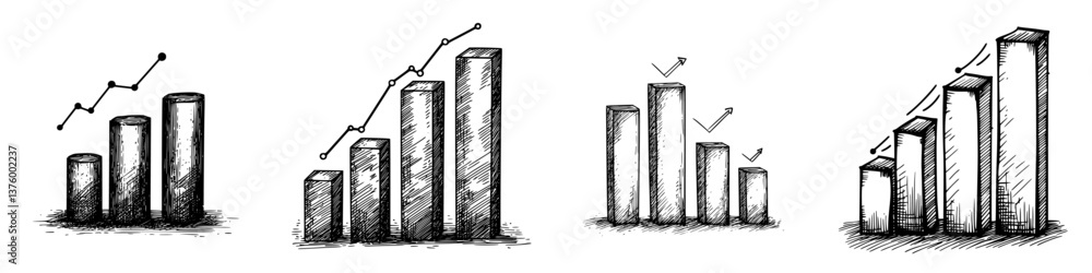Poster trends and analysis represented through hand-drawn bar graphs showcasing growth and progress over ti