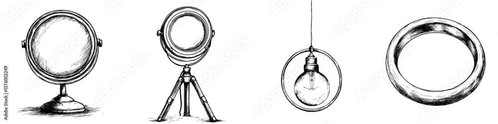 Poster different types of mirrors and reflective objects displayed in an artistic arrangement for interior 