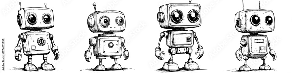 Poster cute robots stand in a row showcasing their unique designs and features in a playful, imaginative se