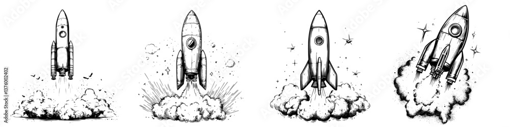 Poster rockets launching into space creating clouds of smoke and fire in a dynamic display of exploration a