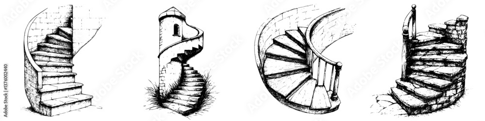 Poster exploring distinct spiral staircases in various styles and settings showcasing architectural creativ