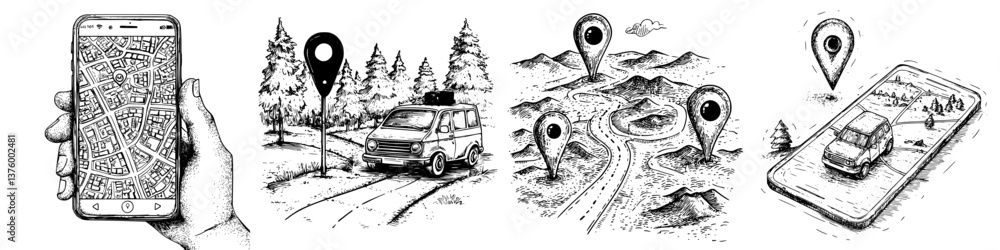 Poster exploring new places using mapping technology and gps navigation tools for adventurous road trips an