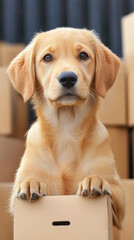 cute golden puppy standing on cardboard box surrounded by parcels, looking curious and playful