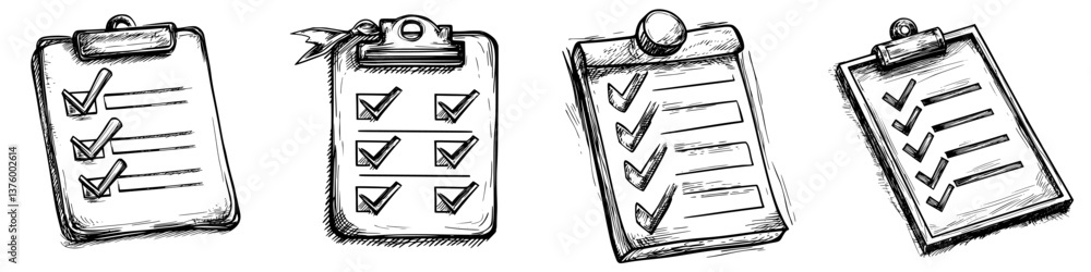 Poster different styles of checklists on clipboards displayed together in a creative sketch format