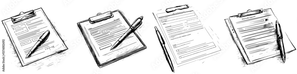 Poster various forms and pens arranged on a flat surface showcasing different styles of document preparatio