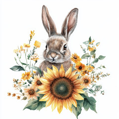 Fototapeta premium Bunny and Blooms: A delightful watercolor illustration of a charming bunny, nestled amidst a vibrant array of sunflowers and wildflowers, radiates joy and springtime freshness. 