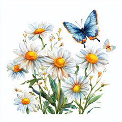 Fototapeta premium Floral Dance: Daisies and Butterflies in Watercolor: A vibrant watercolor painting showcases a cluster of delicate daisies and a pair of graceful butterflies, painted in a soft style.