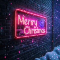Bright Neon Merry Christmas Sign Illuminating Winter Evening Scene