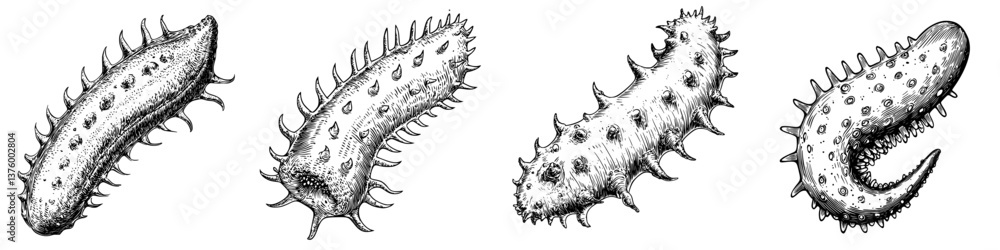 Poster detailed illustrations of various types of sea cucumbers showcasing their unique shapes and textures
