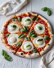 A bubbly looking margherita pizza on a plain soft white background