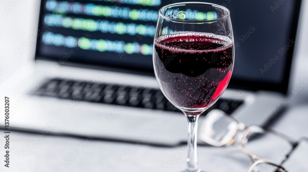 Poster a glass of red wine sits on a table in front of a laptop displaying lines of code. a pair of eyeglas