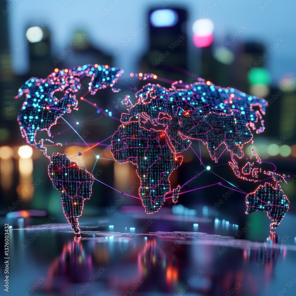 Aufkleber global network connection concept. digital world map with glowing lines and nodes, city lights blurr