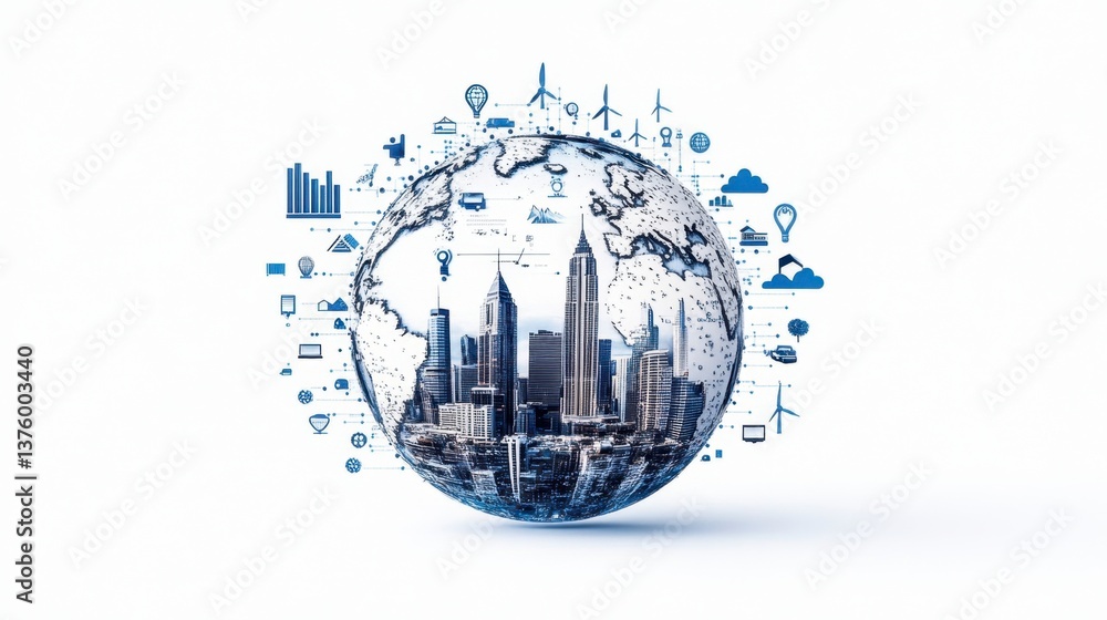 Aufkleber global network connection concept. a stylized earth globe with a city skyline embedded, surrounded b