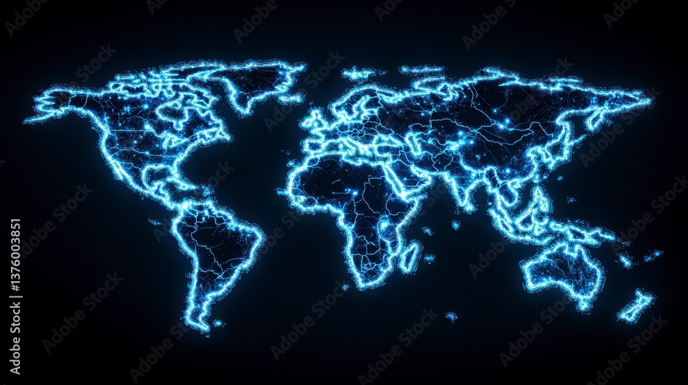 Poster abstract glowing blue world map on a dark background. the map is made up of small points of light, c