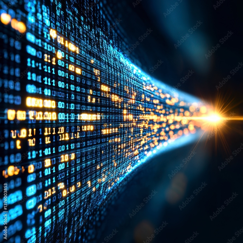 Poster abstract digital data stream, glowing blue and orange binary code, futuristic technology concept, da