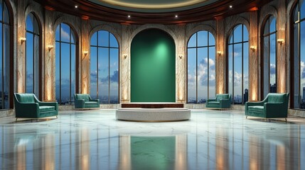 High-tech virtual TV studio with chroma key green screen, media production