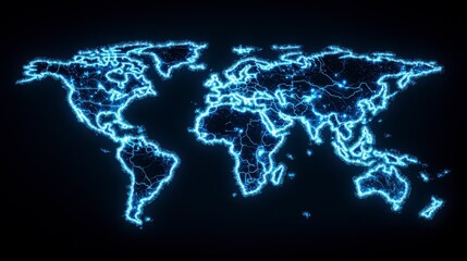 Abstract glowing blue world map on a dark background. The map is made up of small points of light, creating a futuristic and digital look.