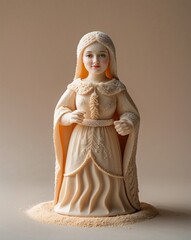 A carved looking marzipan figure on a plain light almond background