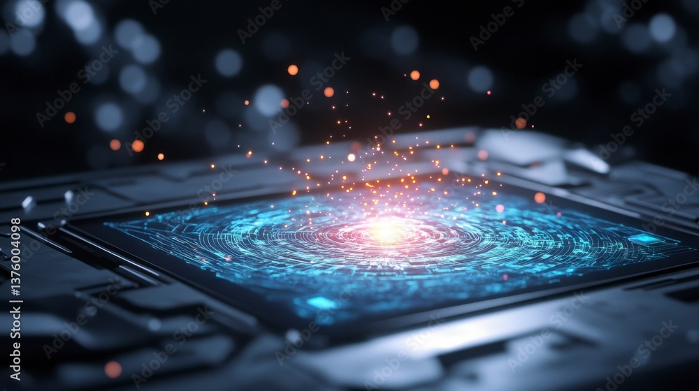 Aufkleber abstract digital artwork depicting a glowing blue circuit board with particles emanating from its ce