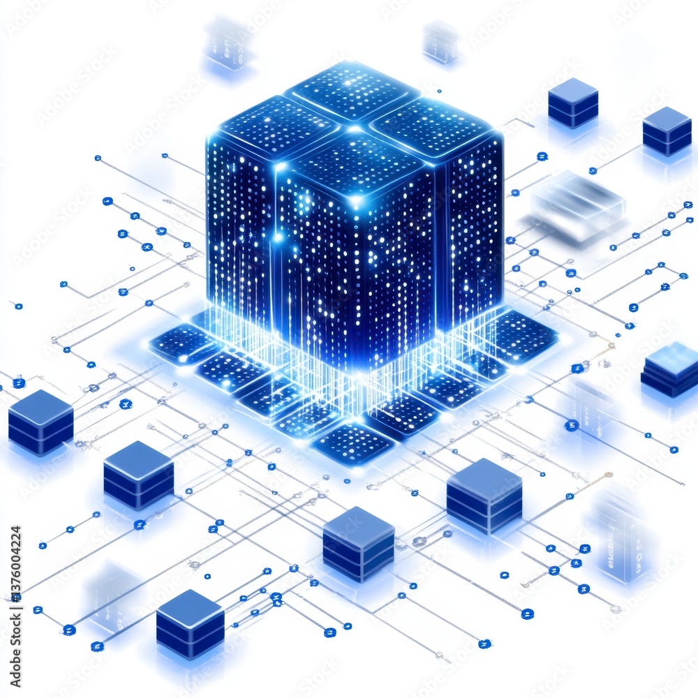 Poster abstract digital illustration of a glowing blue cube data center core with circuit board connections