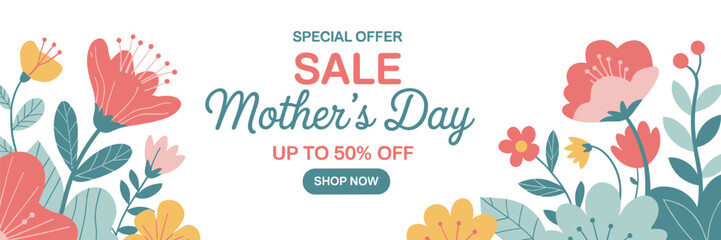 Mother’s Day sale banner with colorful floral design and modern typography – spring special offer promotional template for discounts, marketing, and online shopping campaigns