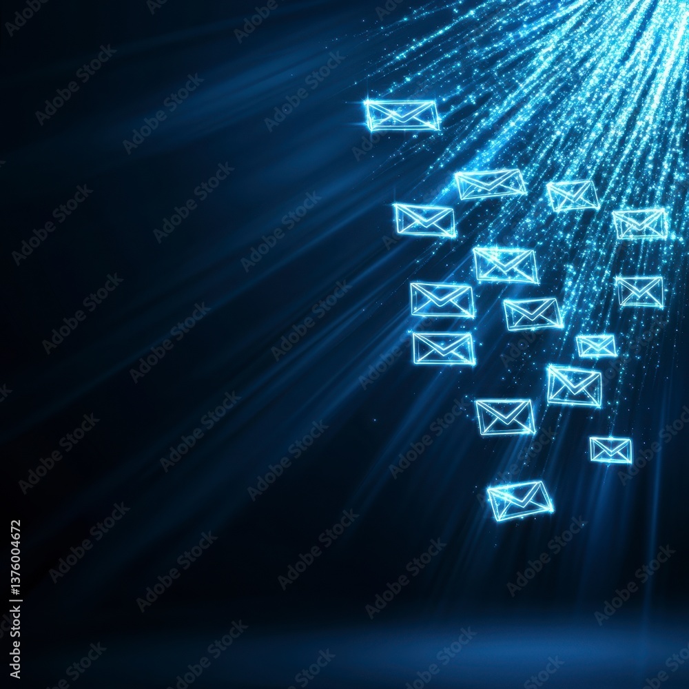 Aufkleber abstract image of glowing blue email icons falling like rain on a dark background, illuminated by dy