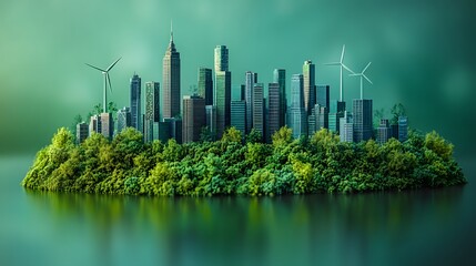 A green city skyline powered by renewable energy with solar rooftops and wind turbines