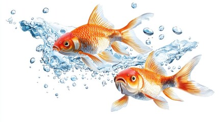 Isolated watercolor drawing of goldfish with air bubbles on bright white background