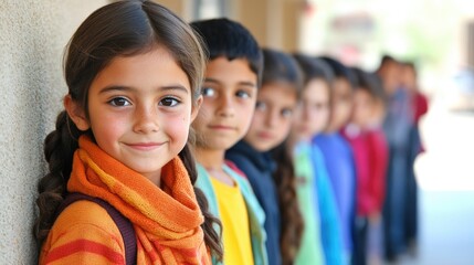 United Front: A row of children stand together, united by camaraderie and innocence, radiating hope, optimism, and potential, preparing for the next step, symbolizing the future