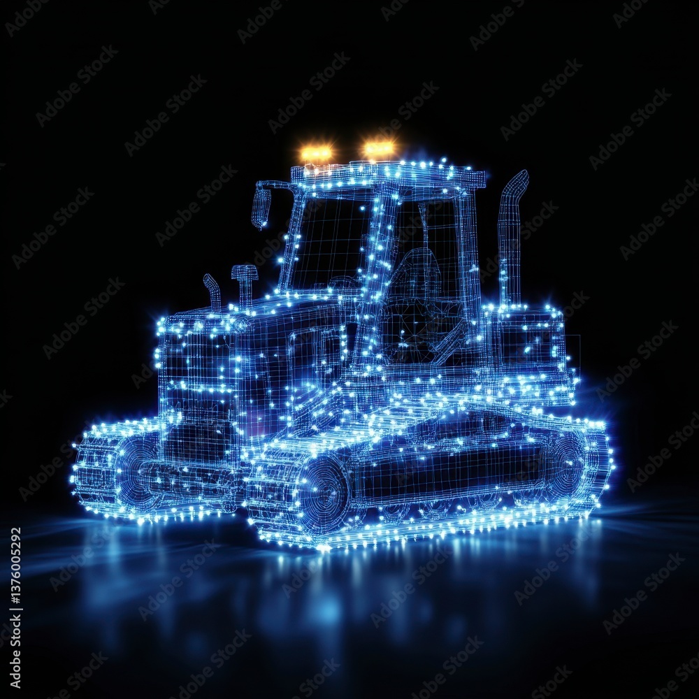 Poster abstract digital rendering of a tractor composed of glowing blue particles on a dark background, ref