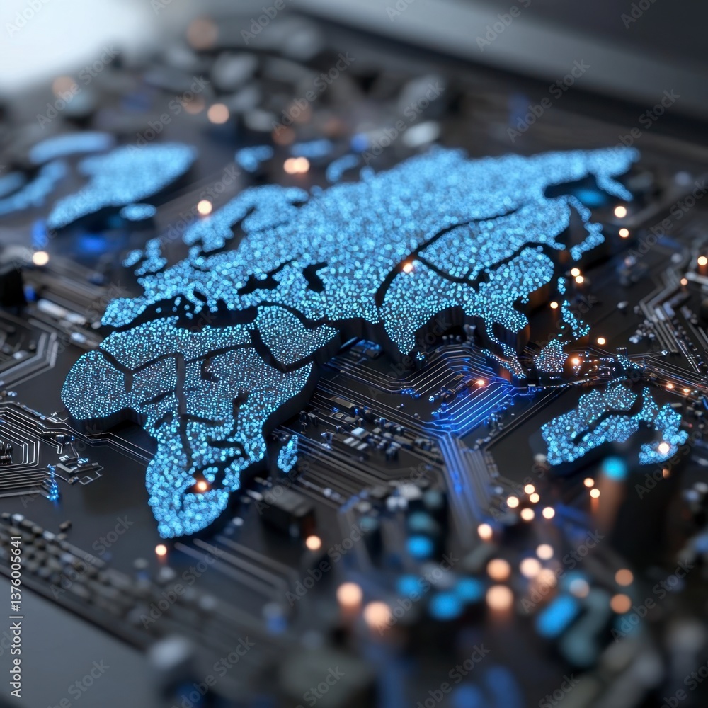 Poster glowing blue world map on a dark circuit board, representing global digital network and technology. 