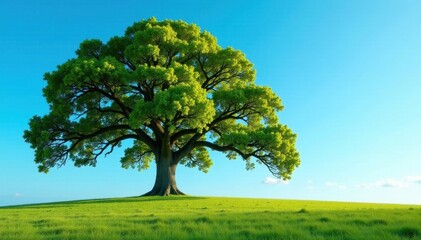 Fototapeta premium Massive oak silhouetted against a clear azure sky, clear, blue