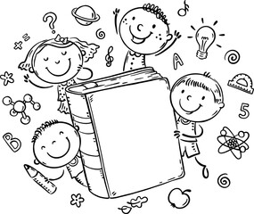 Outline children with a book. Line art set of school objects. Happy kids clipart, black and white vector illustration