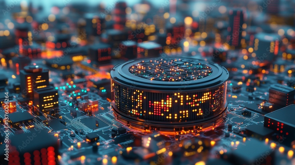 Poster abstract digital cityscape with a central circular structure displaying glowing data streams. warm a