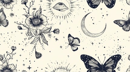 Hand-drawn Boho Vintage Spring Doodle With Wildflowers, Moons, and Butterflies on a White Background