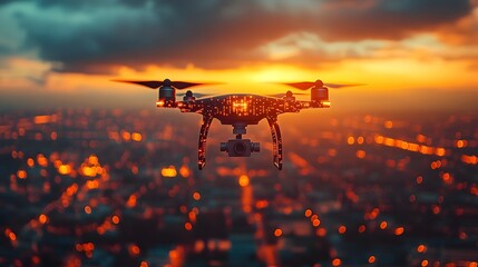 An AI-powered drone flying over a vast landscape capturing data for a smart city