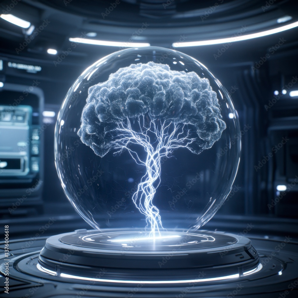 Poster a futuristic digital tree glowing inside a glass sphere on a white platform in a high tech environme