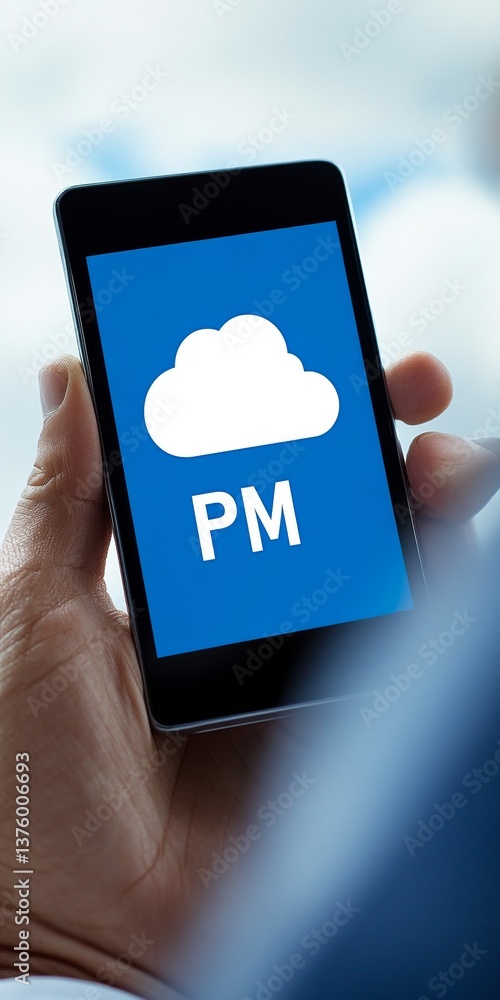 Poster close up of businessman using cloud based software on smartphone for project management