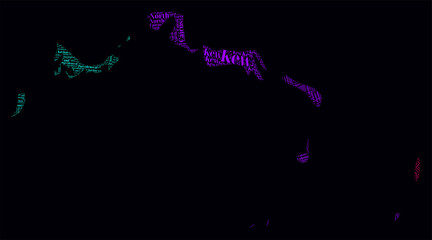 Turks and Caicos Islands Regions Word Clouds. Bright neon style design on dark background. Region names of the country in English language. Country shape with administrative division.