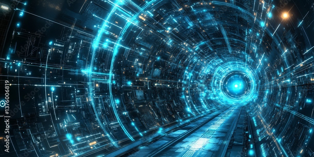 Poster futuristic technology, digital tunnel visualization with blue neon lights and data streams