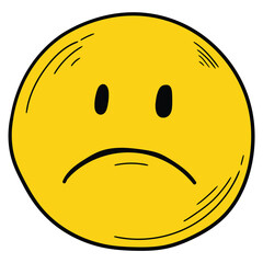 Hand drawn cartoon yellow sad emoji face on white background.