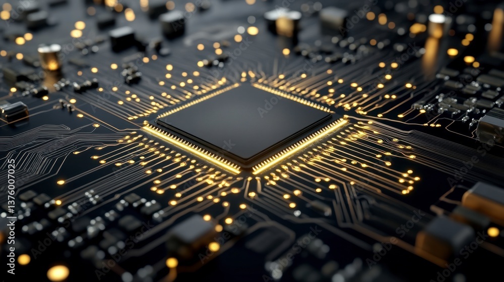 Poster close up view of a central processing unit (cpu) on a circuit board, illuminated with warm, golden l