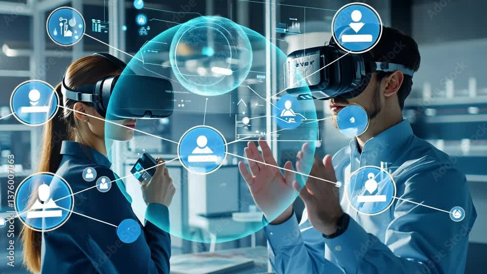 Poster futuristic collaboration: engineers innovating with virtual reality in a high-tech environment