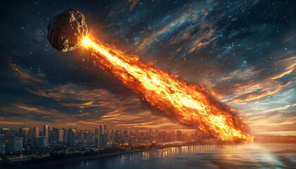 Realistic cosmos celestial landscapes. fiery asteroid descends upon vibrant cityscape, creating dramatic cosmic scene that blends realism with celestial landscapes